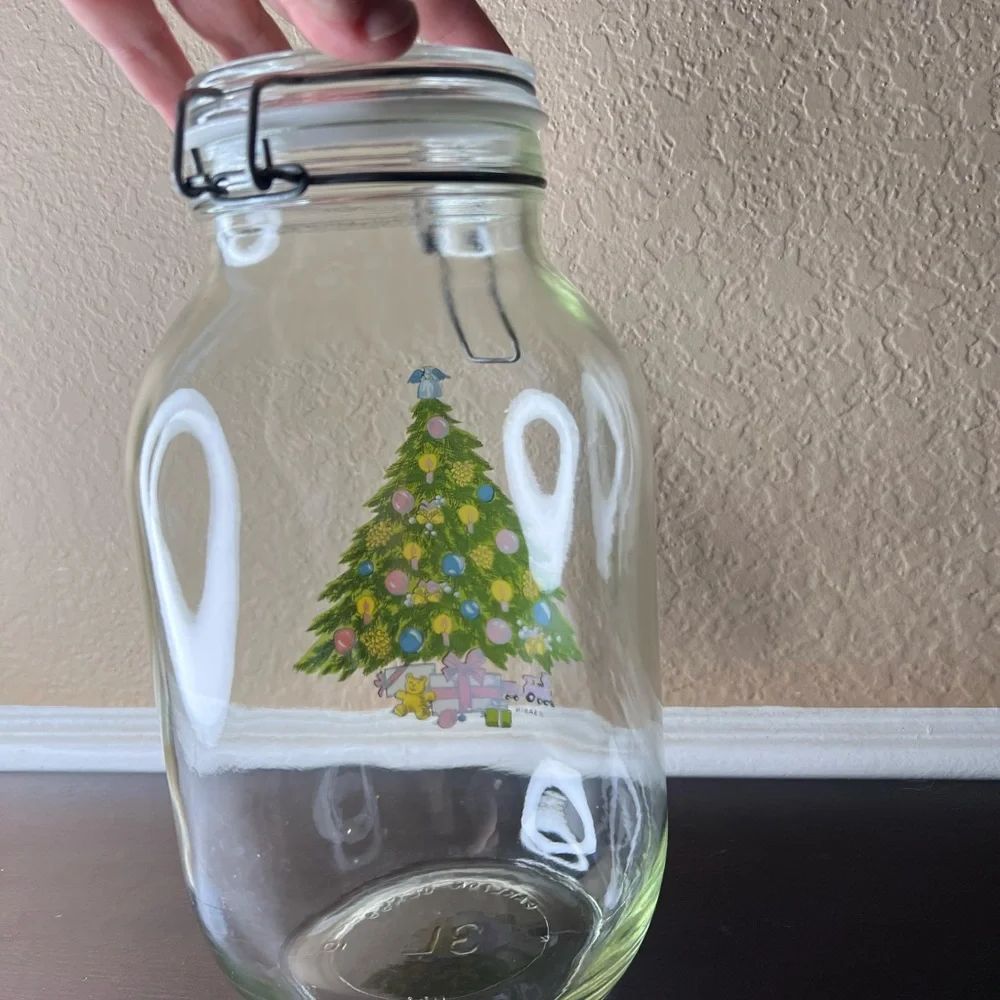 Vintage 1980s Carlton Glass Christmas Tree Cookie Jar – 3L Wire Bail Canister